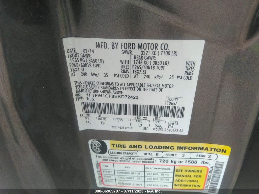 2014 FORD F-150 XL/STX/XLT/FX2/LARIAT - 1FTFW1CF8EKD72423