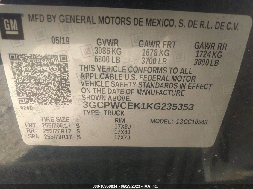 2019 CHEVROLET SILVERADO 1500 LT - 3GCPWCEK1KG235353