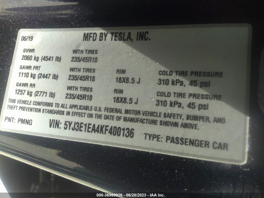 2019 TESLA MODEL 3 RANGE - 5YJ3E1EA4KF400136