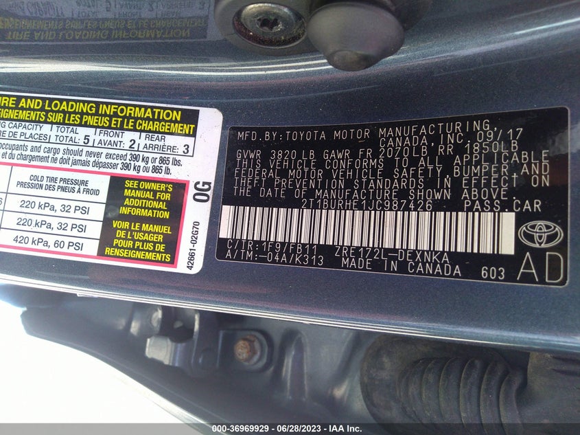 VIN 2T1BURHE1JC987426 2018 TOYOTA COROLLA L/LE/XLE/SE/XSE
