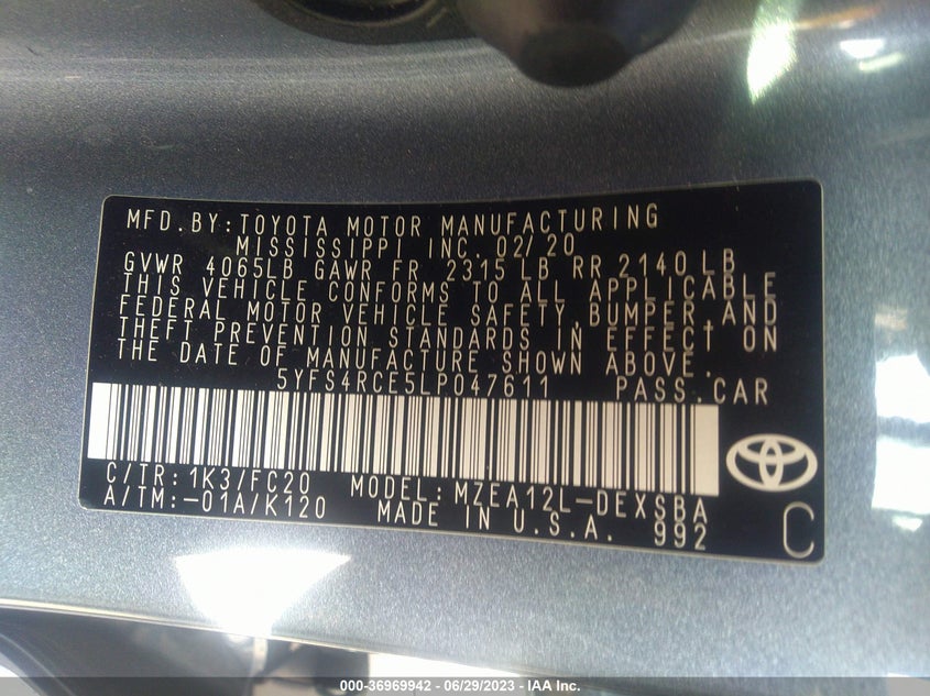 VIN 5YFS4RCE5LP047611 2020 TOYOTA COROLLA SE/NIGHT SHADE