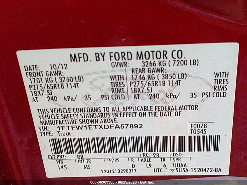 2013 FORD F-150 XL/XLT/FX4/LARIAT - 1FTFW1ETXDFA57892