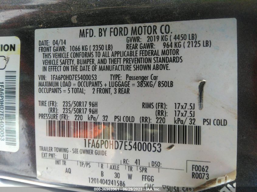 2014 FORD FUSION SE - 1FA6P0HD7E5400053