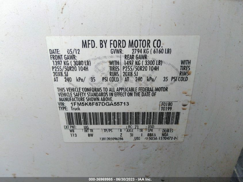 2013 FORD EXPLORER LIMITED - 1FM5K8F87DGA55713