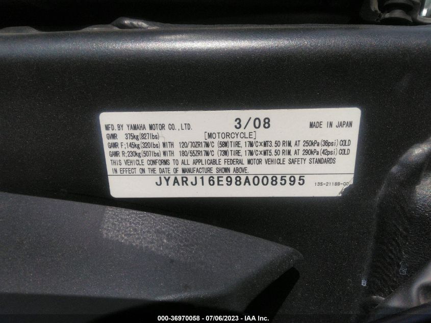 2008 YAMAHA YZFR6 JYARJ16E98A008595
