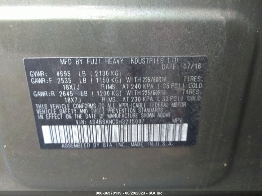 2017 SUBARU OUTBACK LIMITED - 4S4BSANC0H3215007