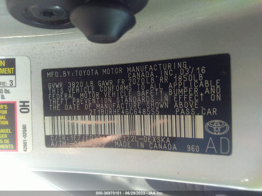 2016 TOYOTA COROLLA L/LE/S/S PLUS/LE PLUS - 2T1BURHE4GC648555