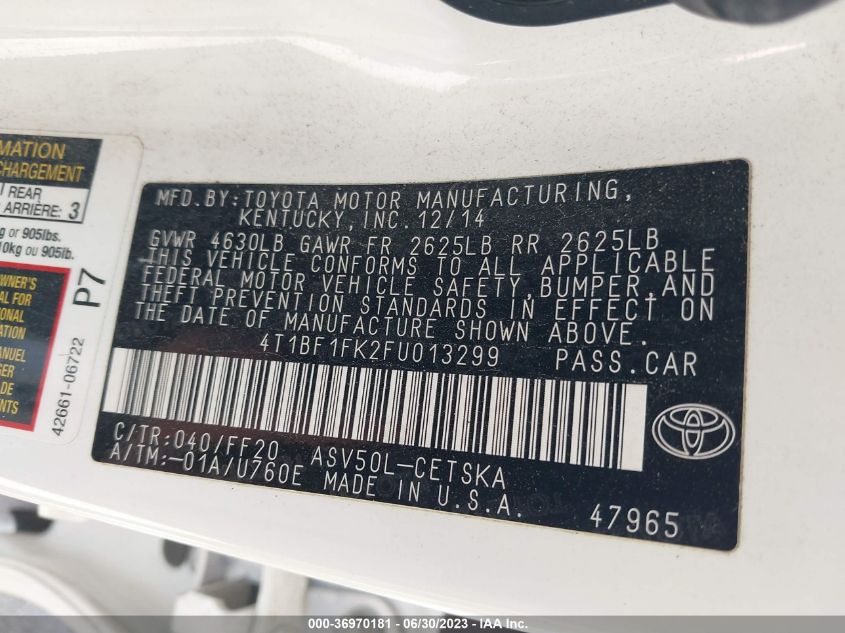 2015 TOYOTA CAMRY XLE/SE/LE/XSE - 4T1BF1FK2FU013299