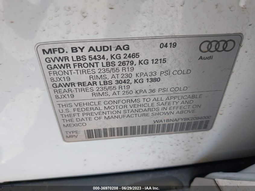 WA1BNAFY8K2094000 2019 AUDI Q5, photo no. 9