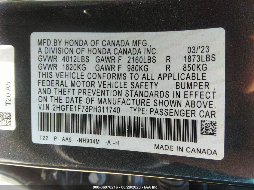 2023 HONDA CIVIC SEDAN EX - 2HGFE1F78PH311740