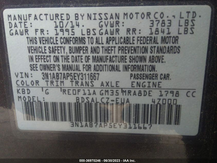 2014 NISSAN SENTRA S/SV/SR/SL - 3N1AB7AP5EY311667