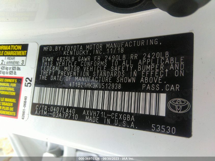 2019 TOYOTA CAMRY HYBRID - 4T1B21HK3KU512938