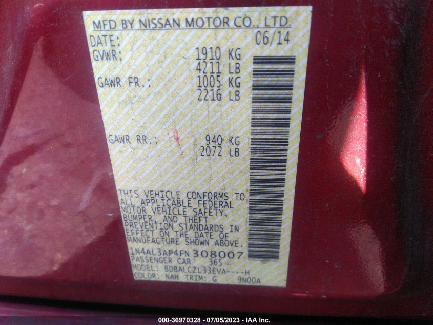 2015 NISSAN ALTIMA 2.5 S - 1N4AL3AP4FN308007