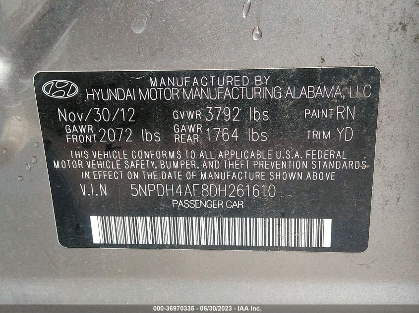 2013 HYUNDAI ELANTRA GLS - 5NPDH4AE8DH261610