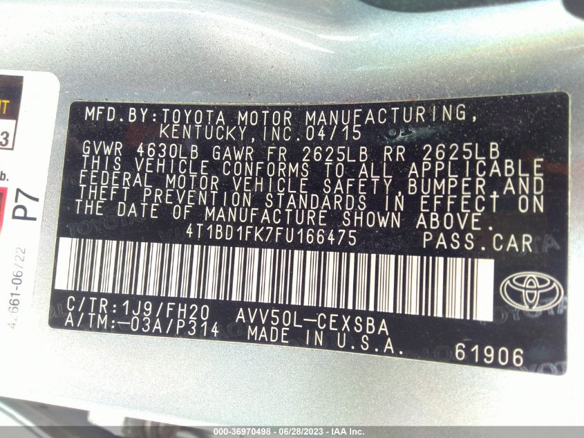 2015 TOYOTA CAMRY HYBRID LE/XLE/SE - 4T1BD1FK7FU166475