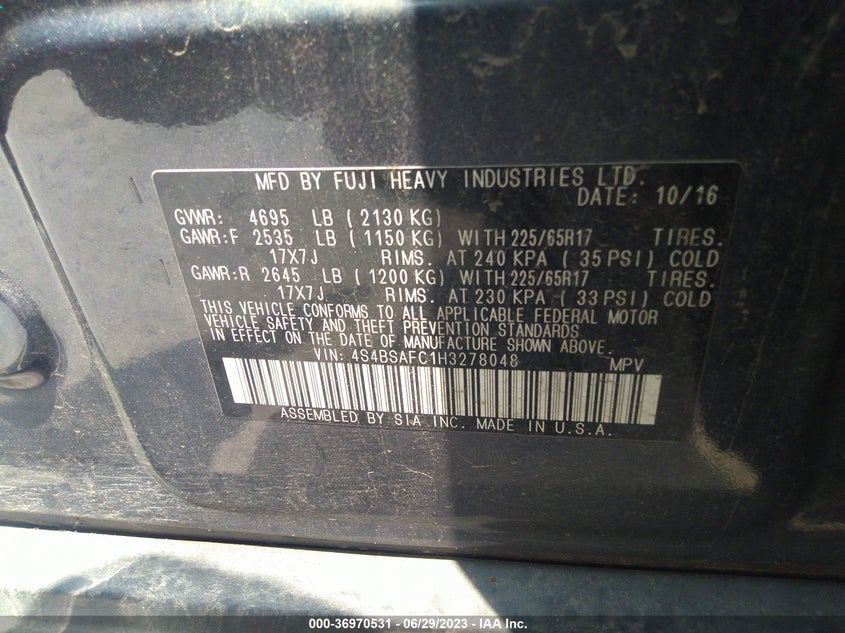 VIN 4S4BSAFC1H3278048 2017 SUBARU OUTBACK PREMIUM