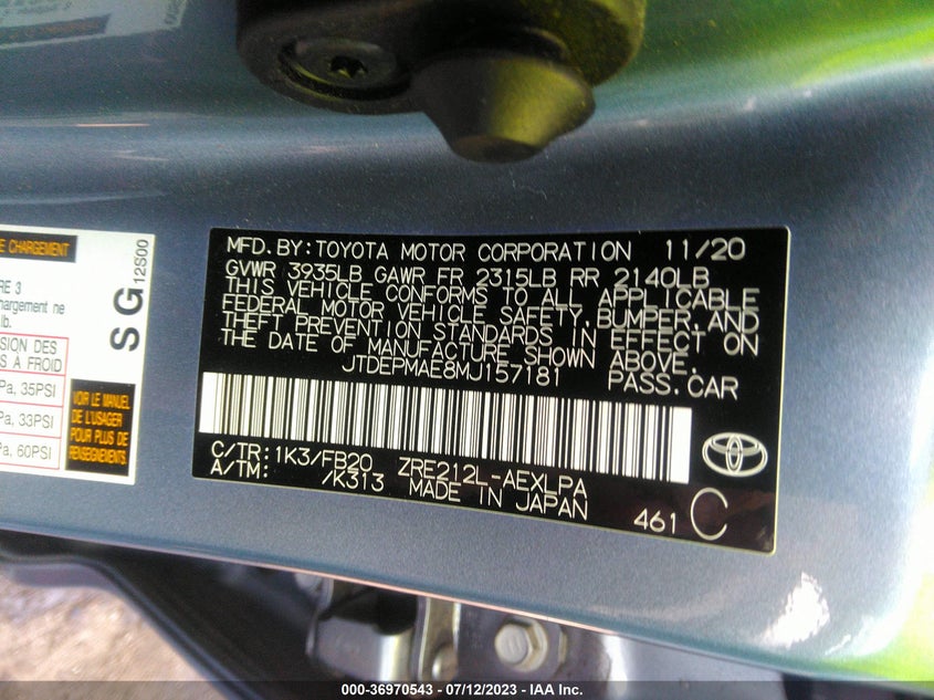 VIN JTDEPMAE8MJ157181 2021 TOYOTA COROLLA LE