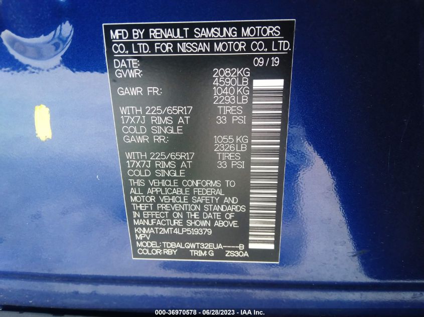 2020 NISSAN ROGUE S/SV/SL - KNMAT2MT4L9519379