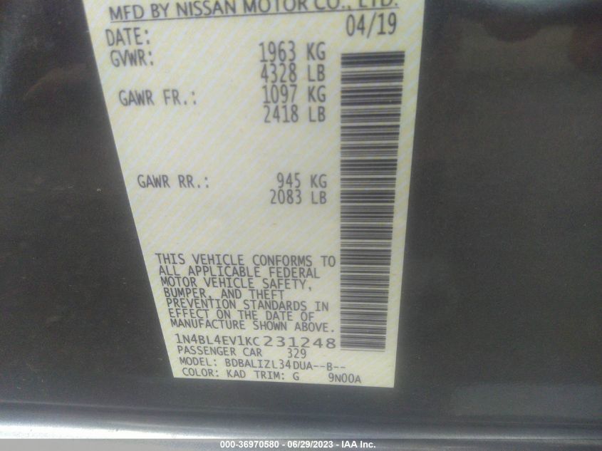 2019 NISSAN ALTIMA SL - 1N4BL4EV1KC231248