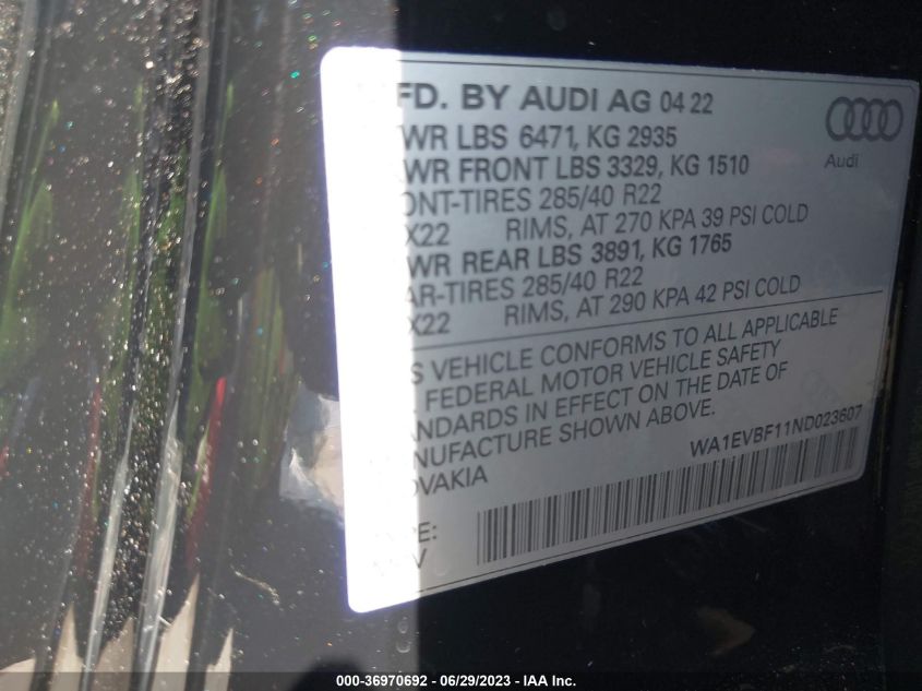VIN WA1EVBF11ND023607 2022 AUDI Q8 PREMIUM PLUS