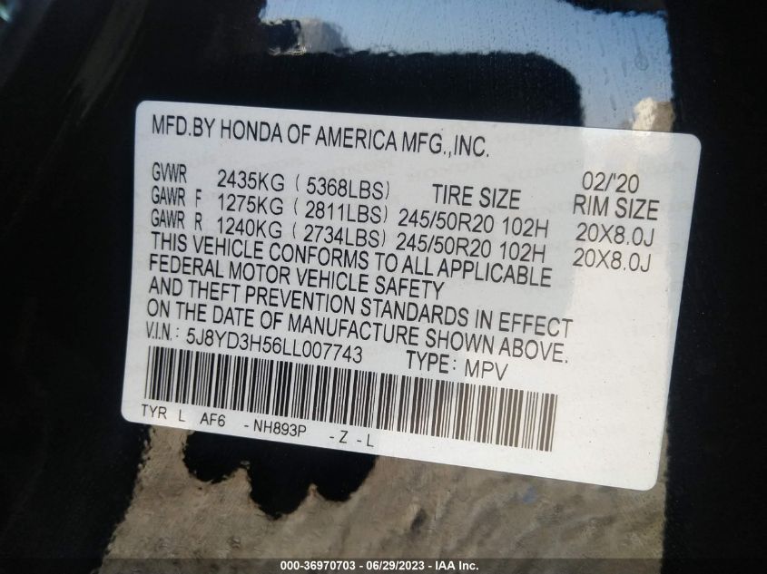 2020 ACURA MDX W/TECHNOLOGY PKG - 5J8YD3H56LL007743