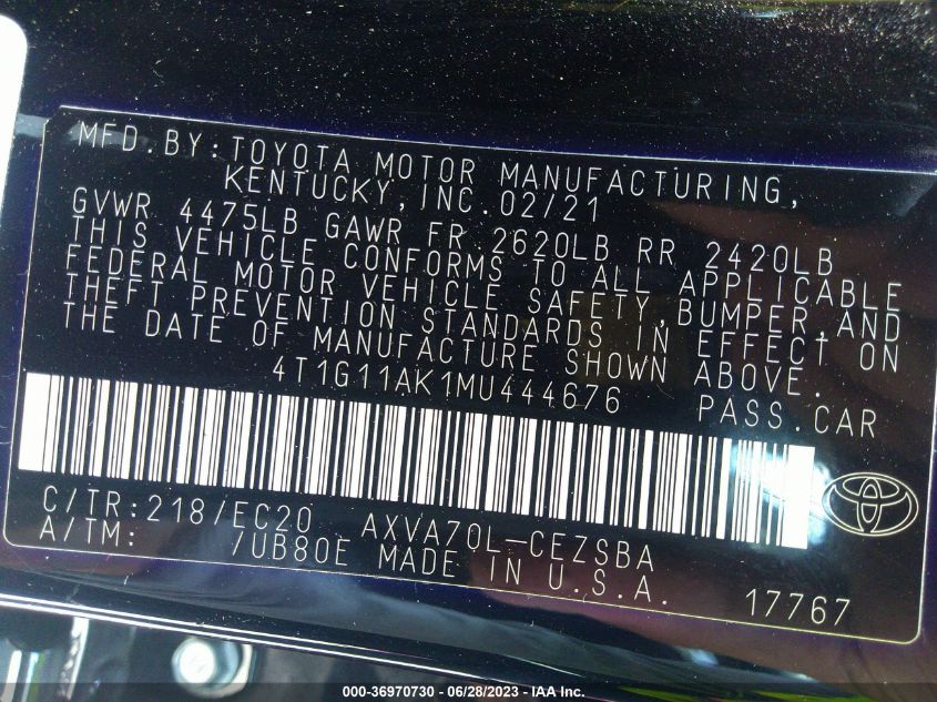 2021 TOYOTA CAMRY SE/SE NIGHT SHADE - 4T1G11AK1MU444676