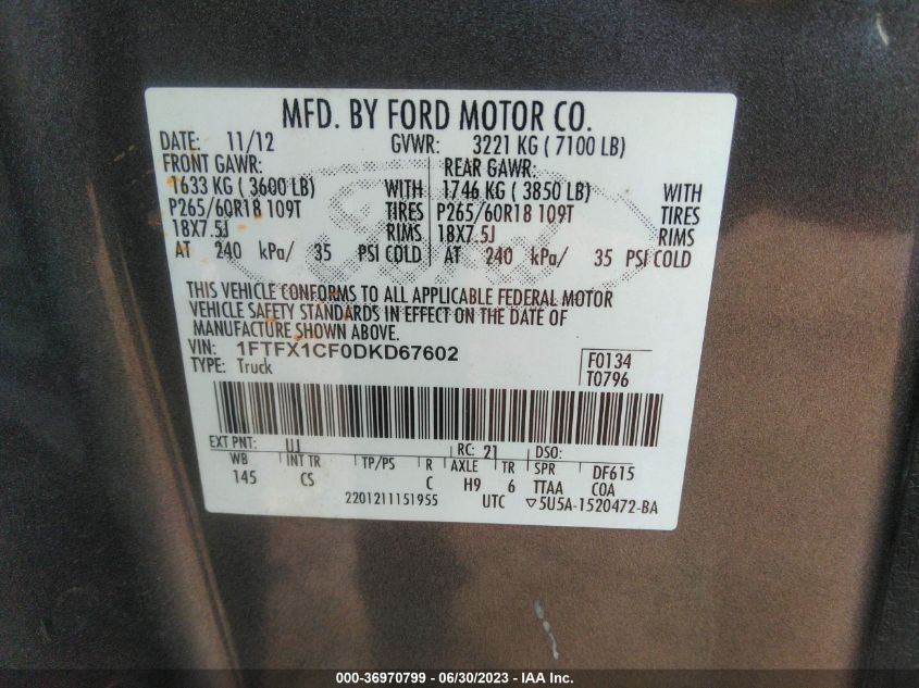 2013 FORD F-150 XL/STX/XLT/FX2/LARIAT - 1FTFX1CF0DKD67602