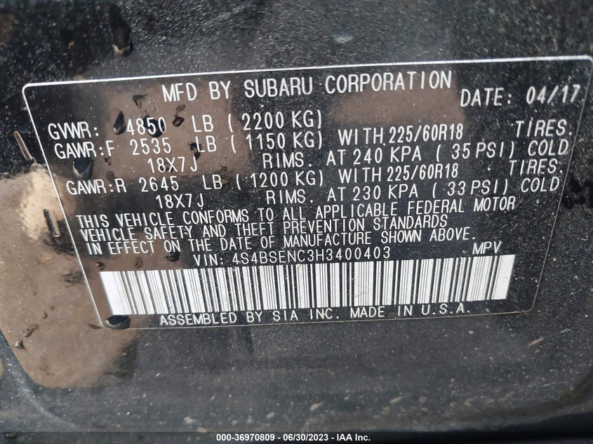 VIN 4S4BSENC3H3400403 2017 SUBARU OUTBACK LIMITED