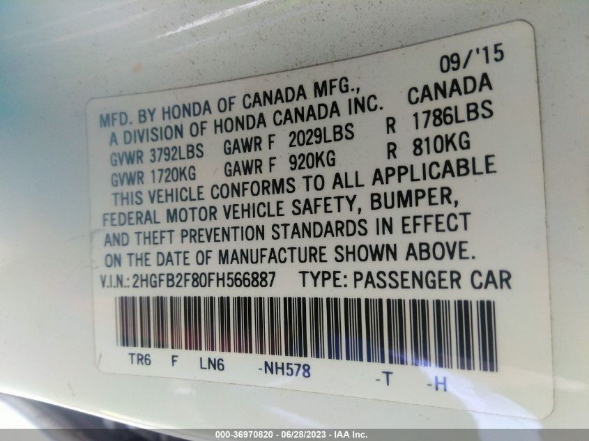 2015 HONDA CIVIC SEDAN EX - 2HGFB2F80FH566887