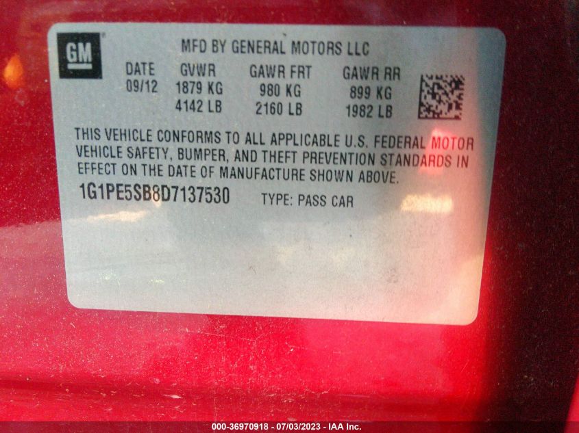 2013 CHEVROLET CRUZE 2LT - 1G1PE5SB8D7137530