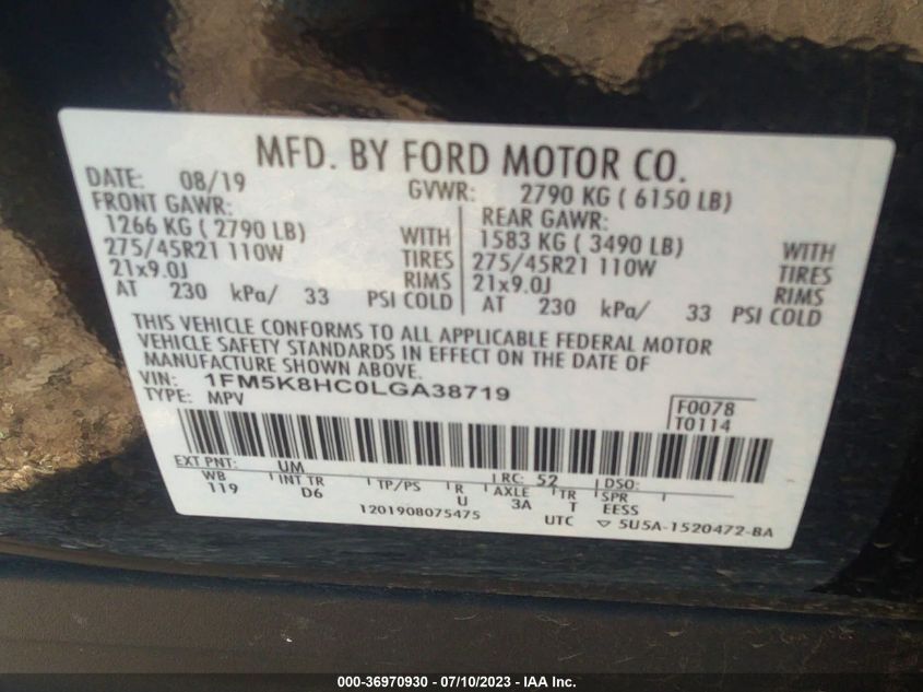 2020 FORD EXPLORER PLATINUM - 1FM5K8HC0LGA38719