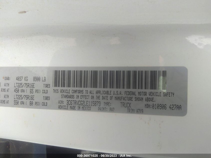 2020 RAM PROMASTER 2500 HIGH ROOF 136" WB 3C6TRVCG2LE115873