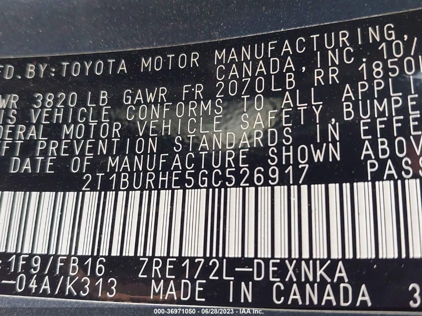 2016 TOYOTA COROLLA L/LE/S/S PLUS/LE PLUS - 2T1BURHE5GC526917
