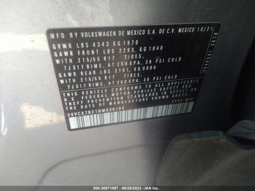 VIN 3VVCX7B21NM038164 2022 VOLKSWAGEN TAOS S