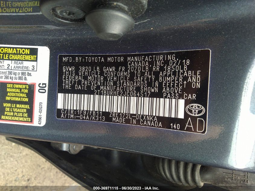 2018 TOYOTA COROLLA L/LE/XLE/SE/XSE - 2T1BURHE2JC064517