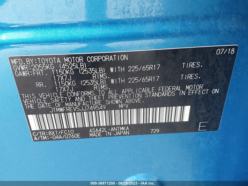 VIN JTMWFREV5JJ749549 2018 TOYOTA RAV4 XLE/ADVENTURE