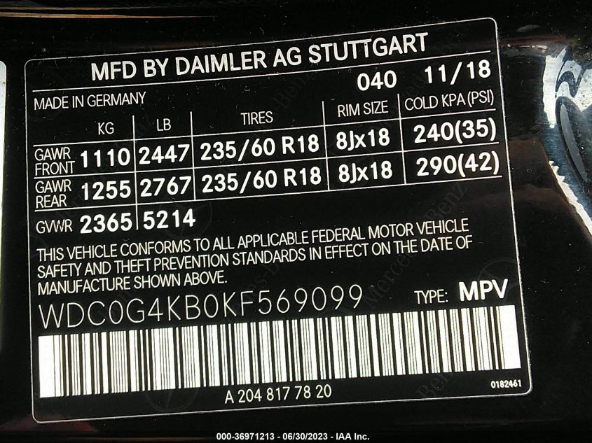 2019 MERCEDES-BENZ GLC GLC 300 - WDC0G4KB0KF569099