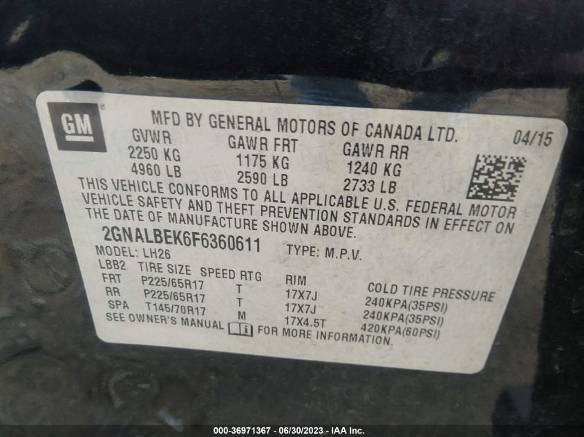2015 CHEVROLET EQUINOX LT - 2GNALBEK6F6360611