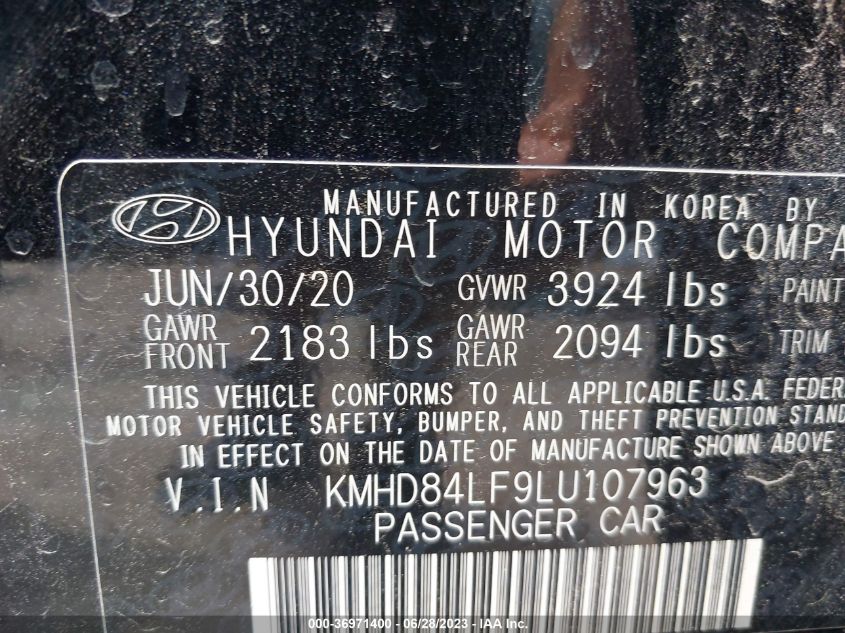 2020 HYUNDAI ELANTRA SEL - KMHD84LF9LU107963