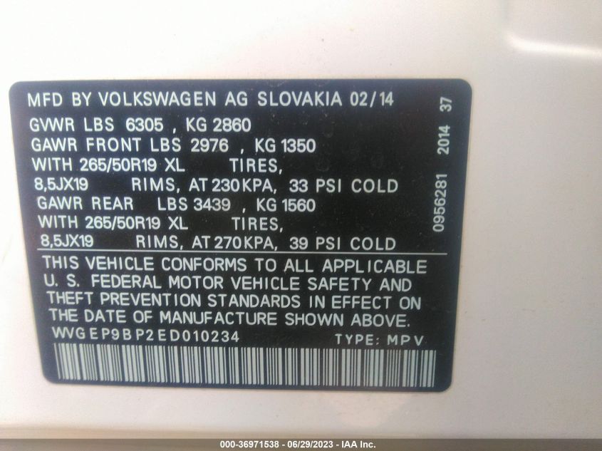 2014 VOLKSWAGEN TOUAREG LUX - WVGEP9BP2ED010234
