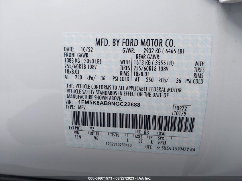 2022 FORD POLICE INTERCEPTOR 1FM5K8AB9NGC22688