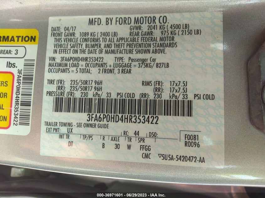 VIN 3FA6P0HD4HR353422 2017 FORD FUSION SE