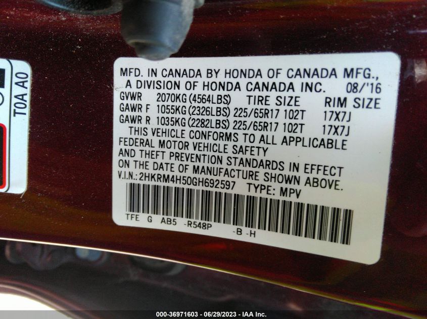 2016 HONDA CR-V EX - 2HKRM4H50GH692597
