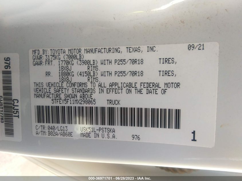 2021 TOYOTA TUNDRA 2WD SR5 5TFEY5F11MX298065