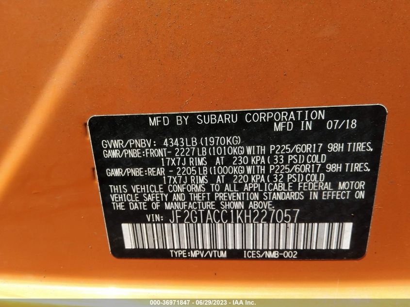 2019 SUBARU CROSSTREK PREMIUM - JF2GTACC1KH227057