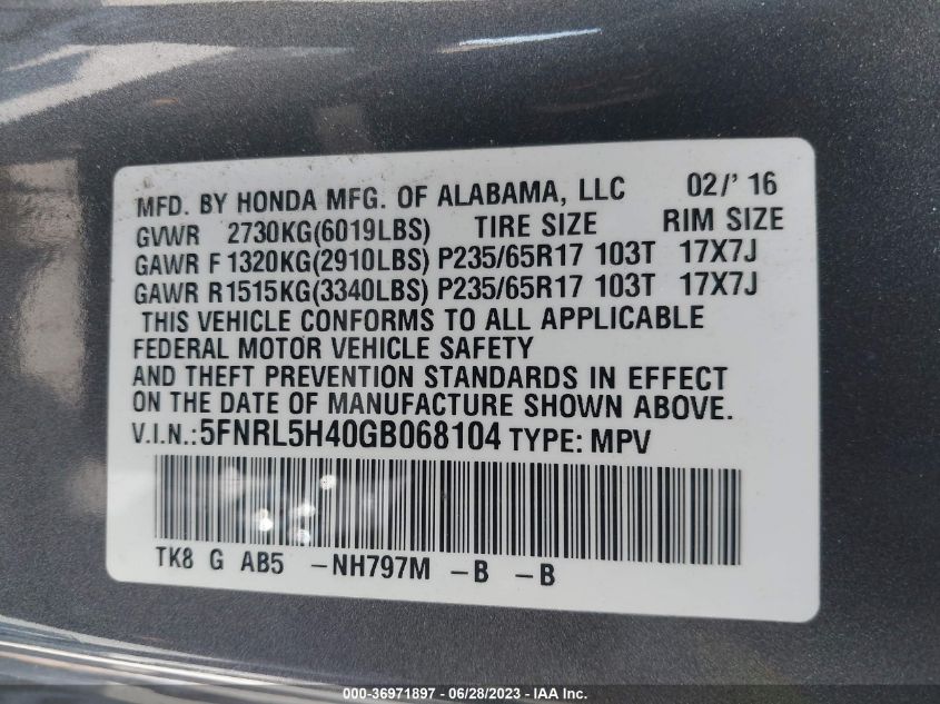 2016 HONDA ODYSSEY EX - 5FNRL5H40GB068104