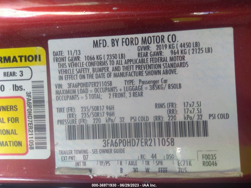 2014 FORD FUSION SE - 3FA6P0HD7ER211058