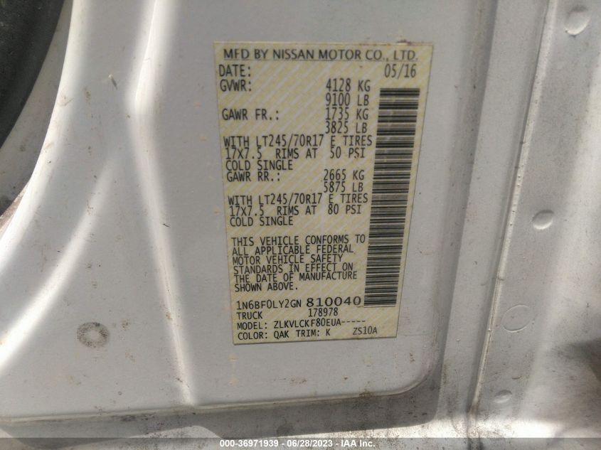 2016 NISSAN NV S 1N6BF0LY2GN810040