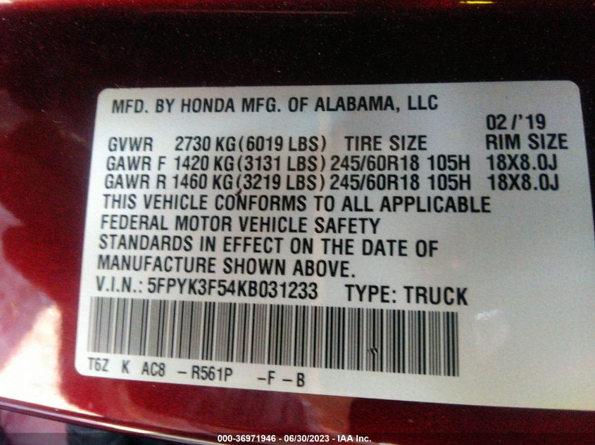 2019 HONDA RIDGELINE RTL - 5FPYK3F54KB031233