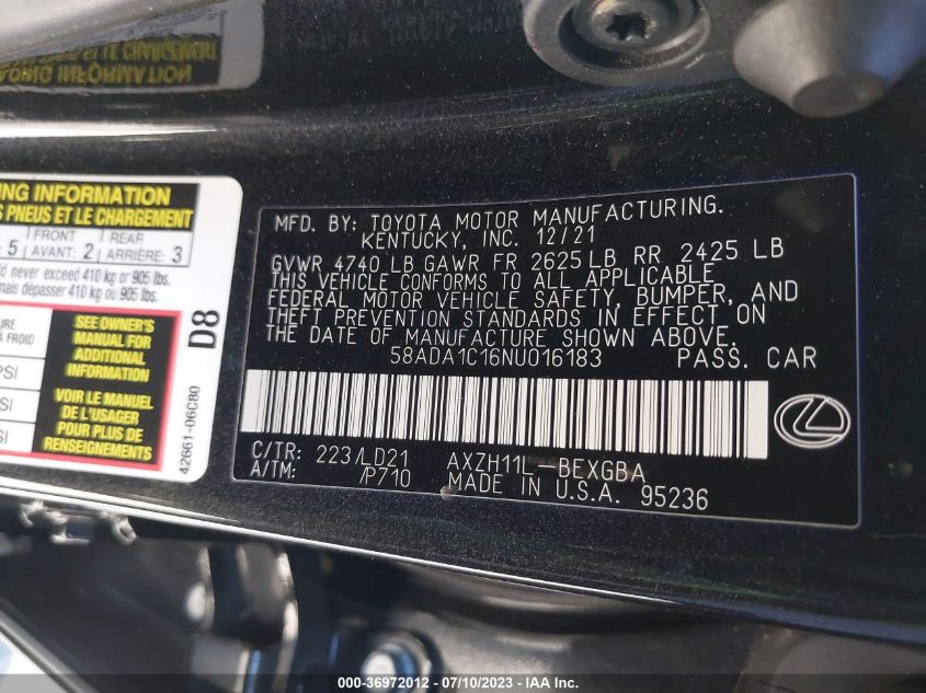 2022 LEXUS ES 300H 58ADA1C16NU016183